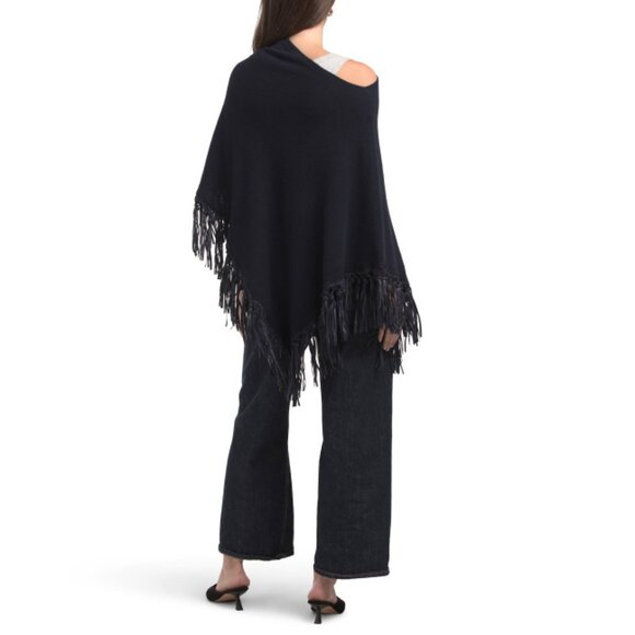 TESMA electric blue Cashmere Blend Poncho With Suede Fringes - Picture 2 of 2